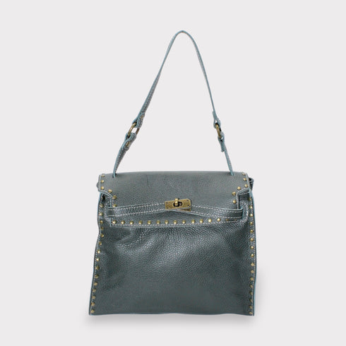 Juli - Handmade Calf Leather Studs Bag With Metallic Closure Petrol Green